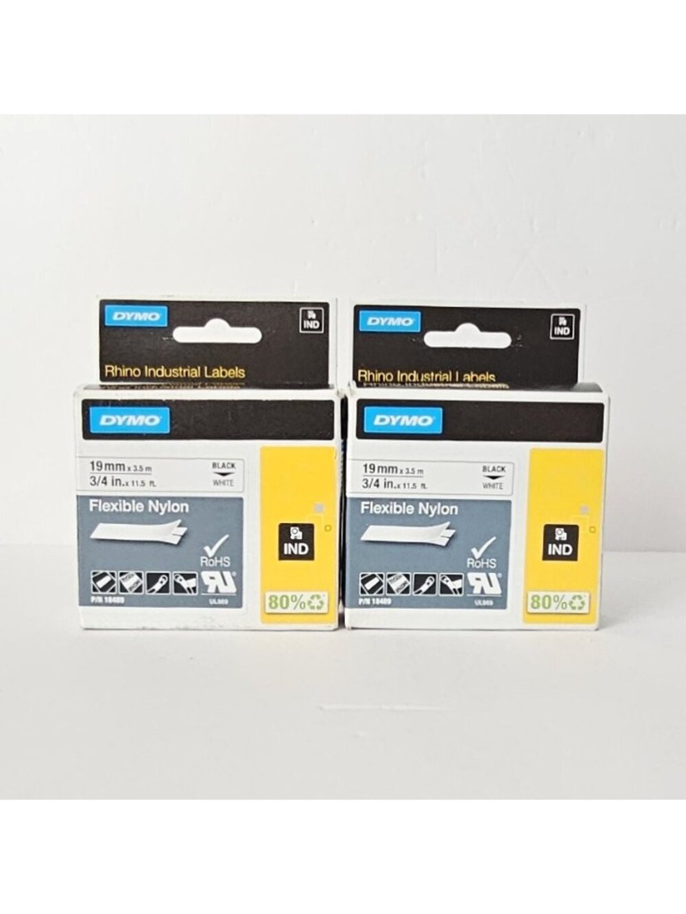 2-Pack DYMO Rhino Industrial Labels 18489 Flexible Nylon 19mm x 3.5m Black/White